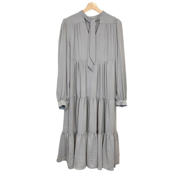 Topshop Tiered Tie Neck Chuckon Midi Dress Gray Women's Size 8 - Picture 1 of 5